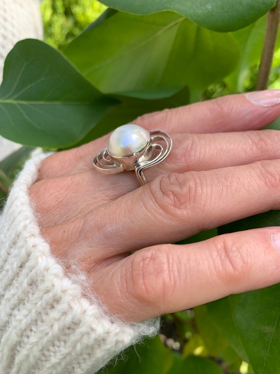 Silver White Mabe Pearl Ring Mabe Pearl Ring Natural Mabe Pearl