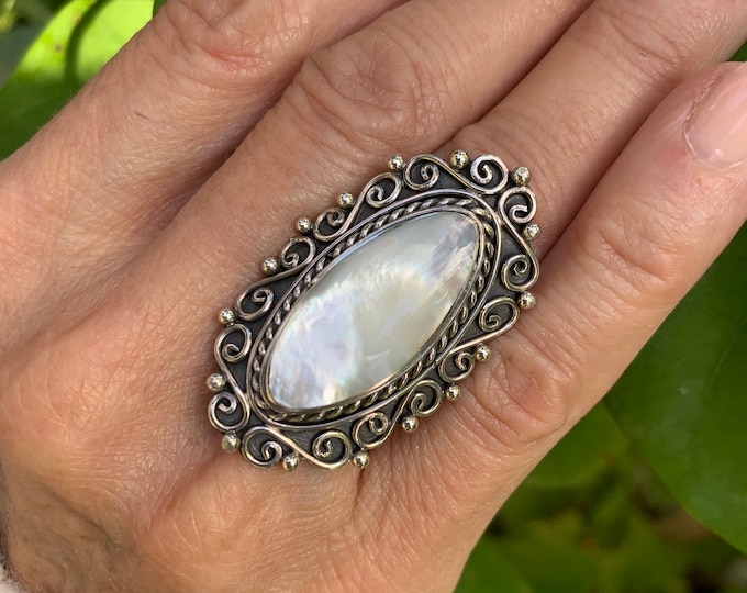 Mother of Pearl Ring, Marquise Shape Ring, Natural White Shell Ring, White Silver Ring, Stunning White Ring, Sterling Silver Ring,Size 7.5