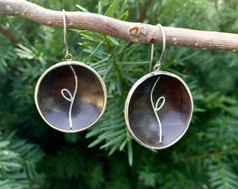 Wood Silver Earrings, Plate Shaped, Round Wood, Silver Earrings, Dark Brown Wood Jewellery