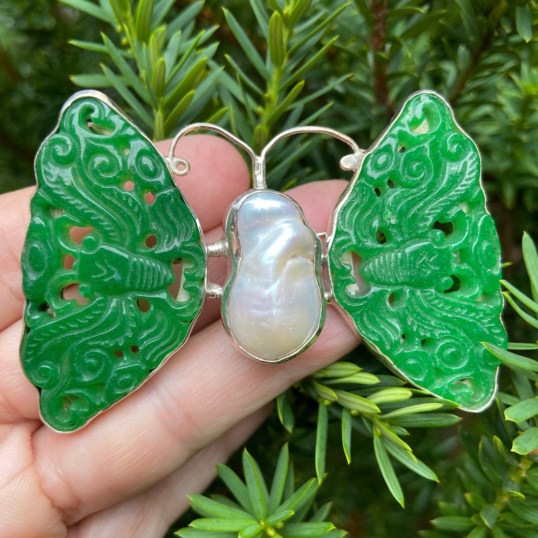 Sterling Silver Butterfly Carved Jade Butterfly Jade Brooch Etsy Canada