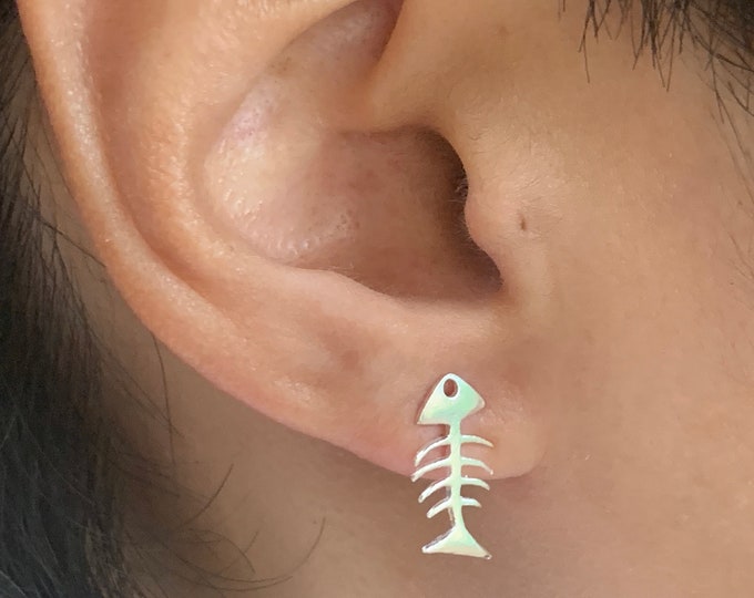 Fish Skeleton Stud Sterling Silver Earrings, Fish Stud Earrings, Minimalist Fish Earrings