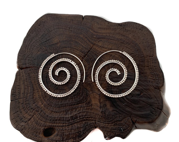 Silver Hoop Earrings, Spiral Hoop Earrings, Round Hoop Earrings, Hoop with Silver Ball,Tribal Chic Jewelry, Large  Bohemian Hoop