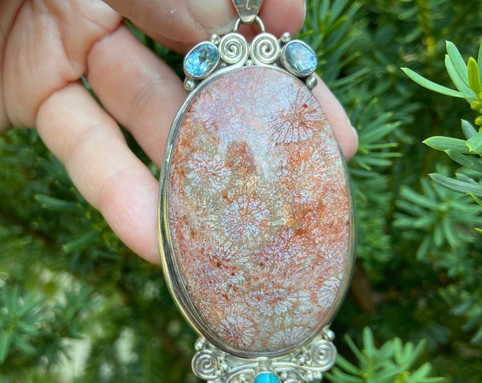 Sterling Silver Fossilized Coral Pendant, Blue Topaz, Turquoise Stone Accents, Large Fossilized Necklace, Chunky Pendant