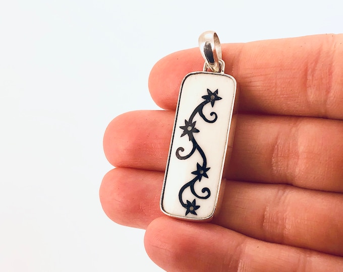 Cow Bone/Horn Pendant, Rectangular Pendant, White Pendant, Sterling Silver, Cow Bone Jewellery