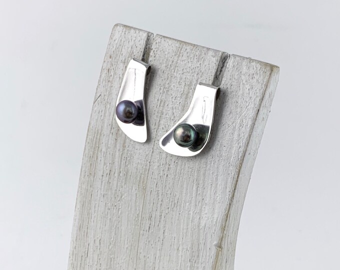 Silver Pearl Studs, Sterling Silver Grey Pearl Earrings, Silver Stud Pearl Earrings, Unique Design