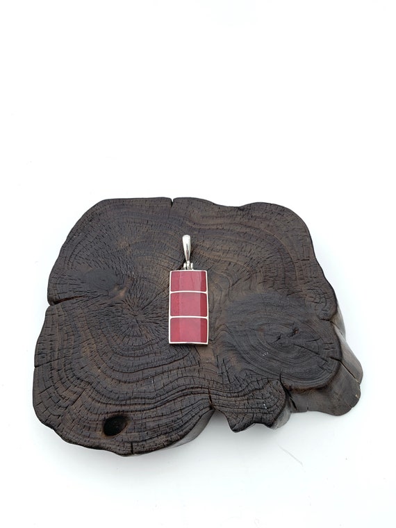 Red Coral Pendant, Rectangular Red Pendant, Geometric Red Pendant, Silver Line Pendant, Minimalist