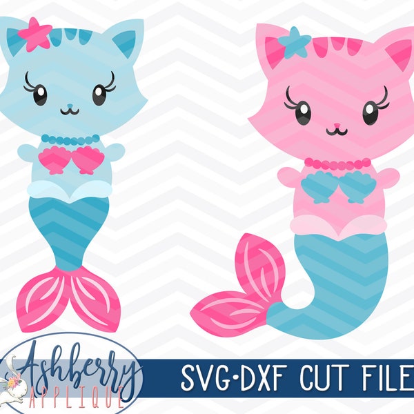 Kitty sirène ensemble fichier coupé SVG/DXF, pack de cliparts, téléchargement immédiat, imprimable, vecteur, commercial, chat, chaton, sirène, sous la mer