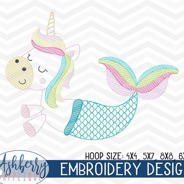 Mermaid Unicorn Sketch Embroidery Design 4x4 5x7 8x8 6x10, light fill, machine embroidery, unicorn design, mermaid design, mylar, rainbow