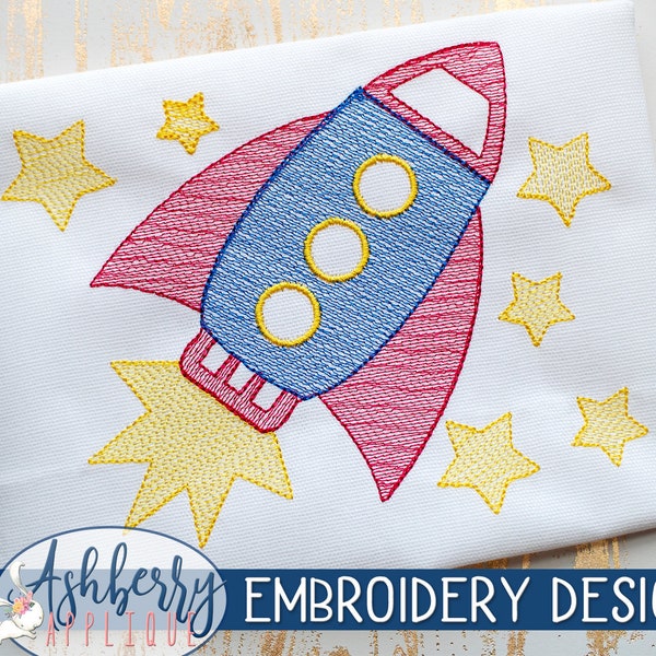 Rocket Ship Vintage Sketch Embroidery Design 4x4 5x7 Space Ship Outerspace