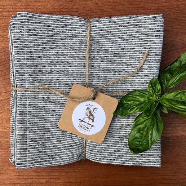 ECO-FRIENDLY NAPKINS | hemp + organic cotton fabric | classic grey pinstripes | zero waste | kitchen linens | handmade | gift ideas