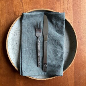 May include: A place setting with a light blue plate, a folded teal napkin, a fork, and a knife. The plate has a speckled pattern and a brown rim. The fork and knife are silver with decorative floral details.
