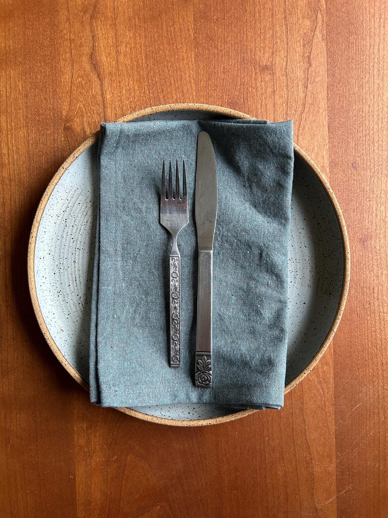 May include: A place setting with a light blue plate, a folded teal napkin, a fork, and a knife. The plate has a speckled pattern and a brown rim. The fork and knife are silver with decorative floral details.