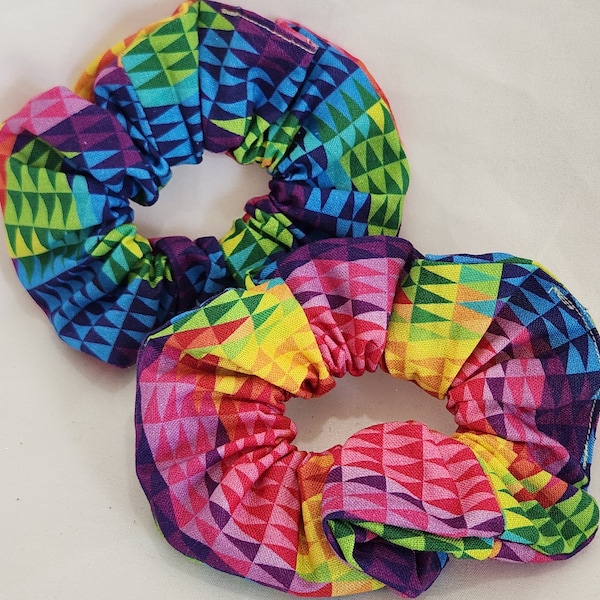 Retro Rainbow colors Scrunchie, cotton fabric hair tie, fits all ages, Birthday gift,