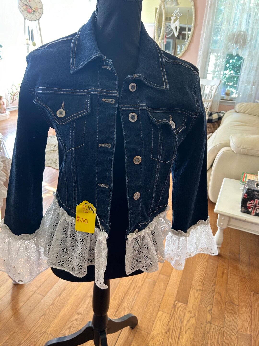 104. Dark Blue Cropped Jean Jacket Featuring Delicate Lace Ruffles ...