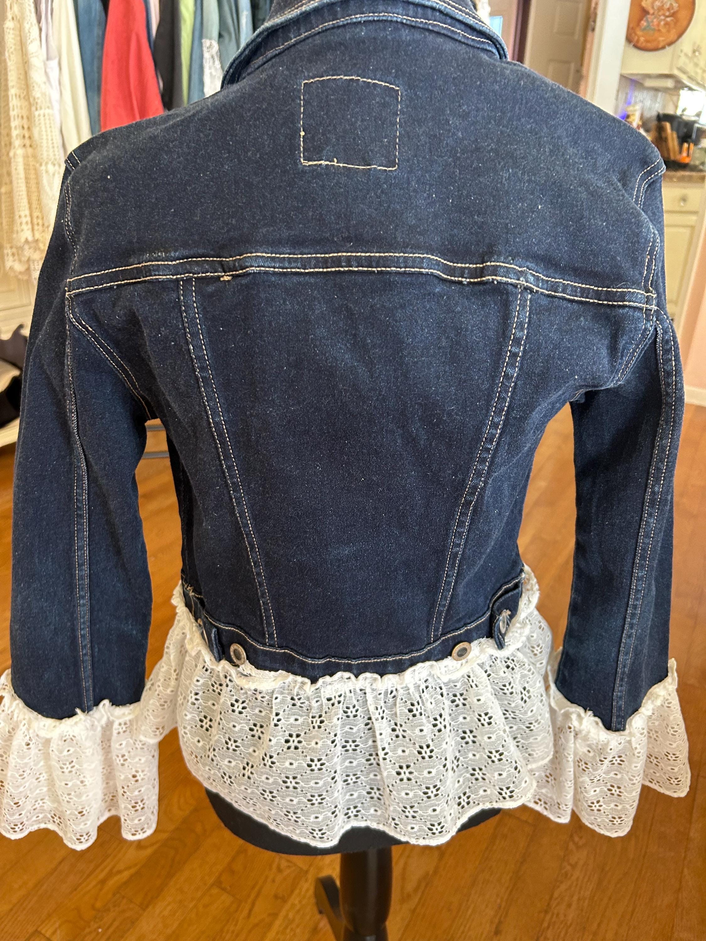 104. Dark Blue Cropped Jean Jacket Featuring Delicate Lace Ruffles ...