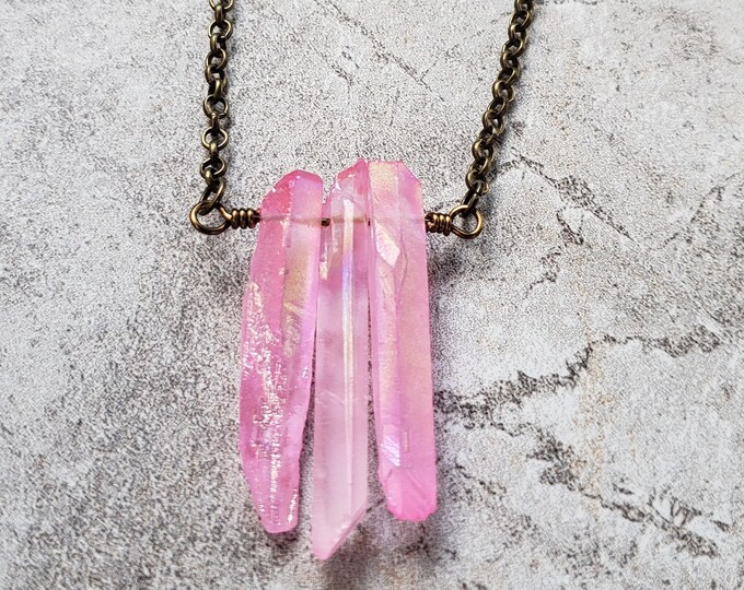 Gift For Her Celestial Jewelry Pink Crystal Bar Necklace Healing Jewelry Crystal Quartz Jewelry Raw Crystal Necklace