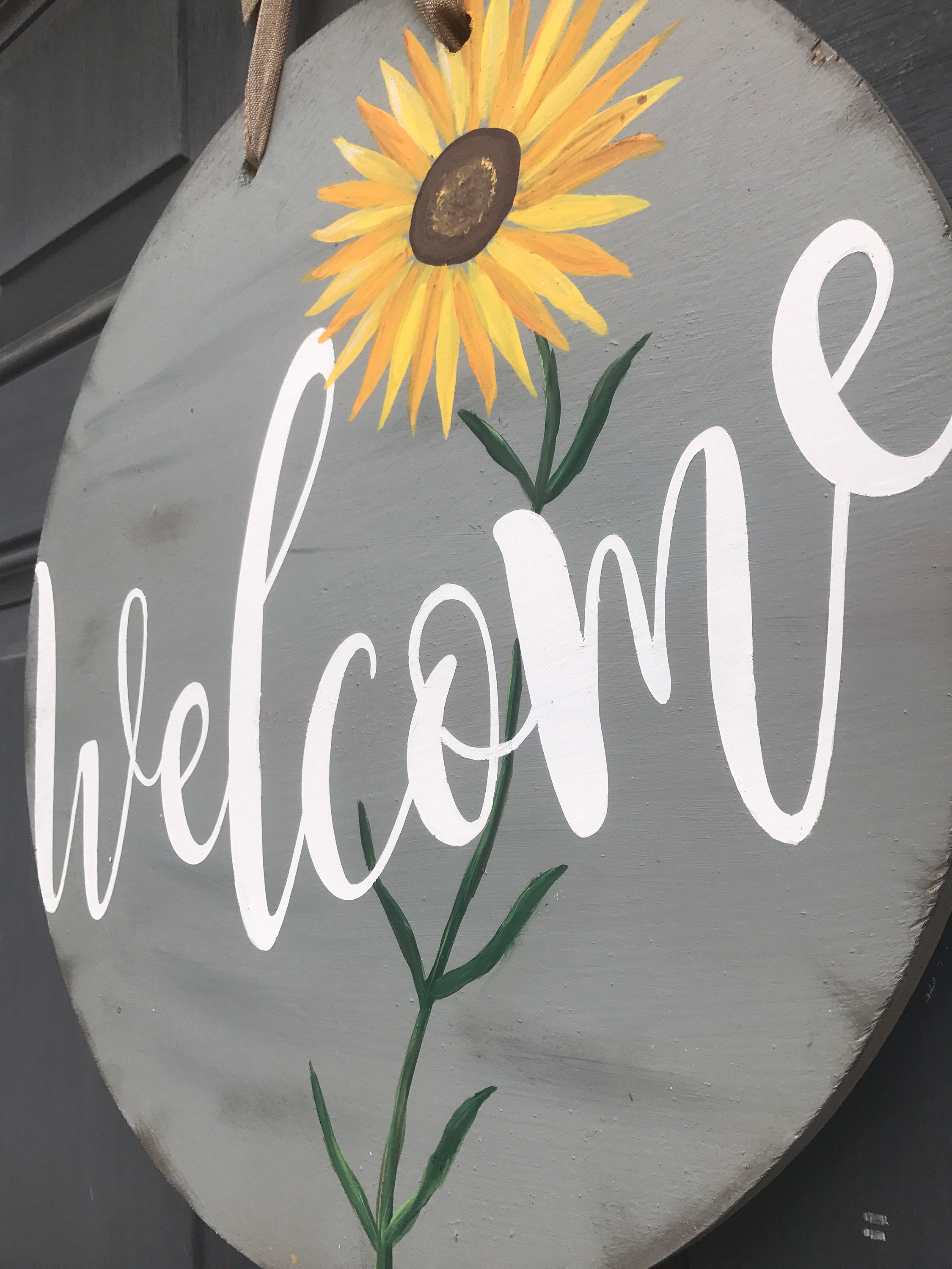 Spring Flower Door Sign Sunflower Blue Round Front Etsy