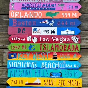 Hand Painted Directional Arrow Sign: Custom Destination Mileage Marker