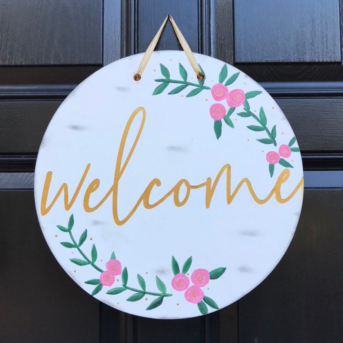 Spring Flower Door Sign Gold Spring Rose Hanging Etsy