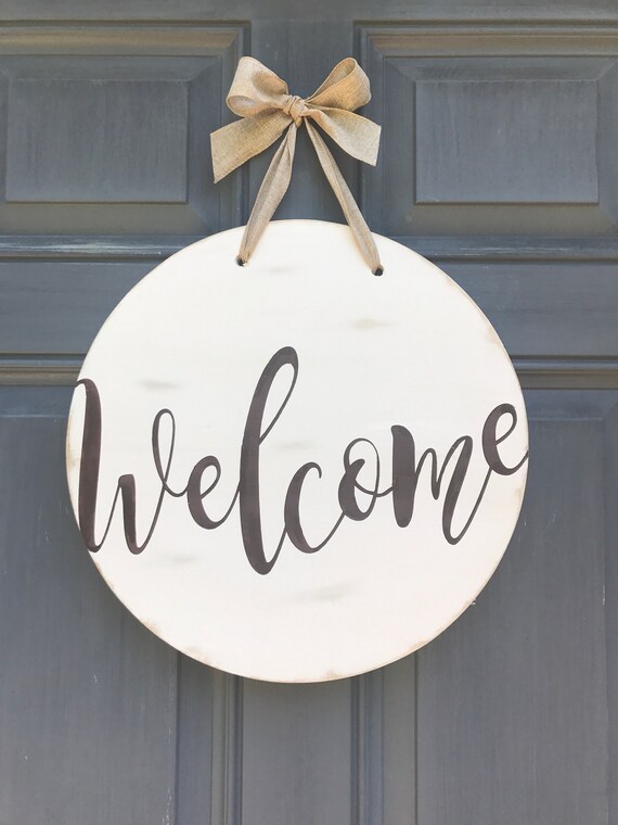 Welcome Front Door Hanger Sign Brown Front Door Decor Round Etsy