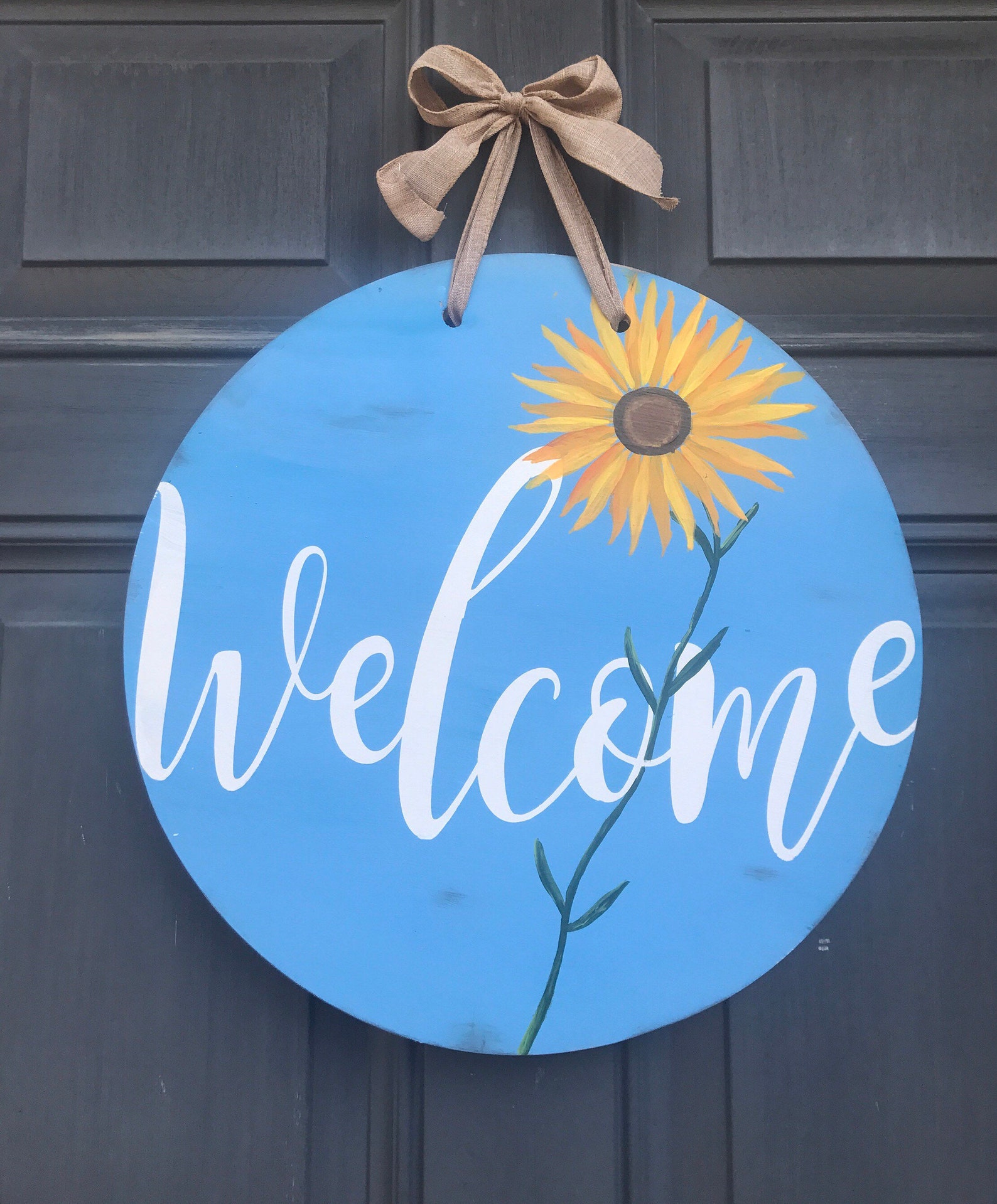 Spring Flower Door Sign Sunflower Blue Round Front Etsy