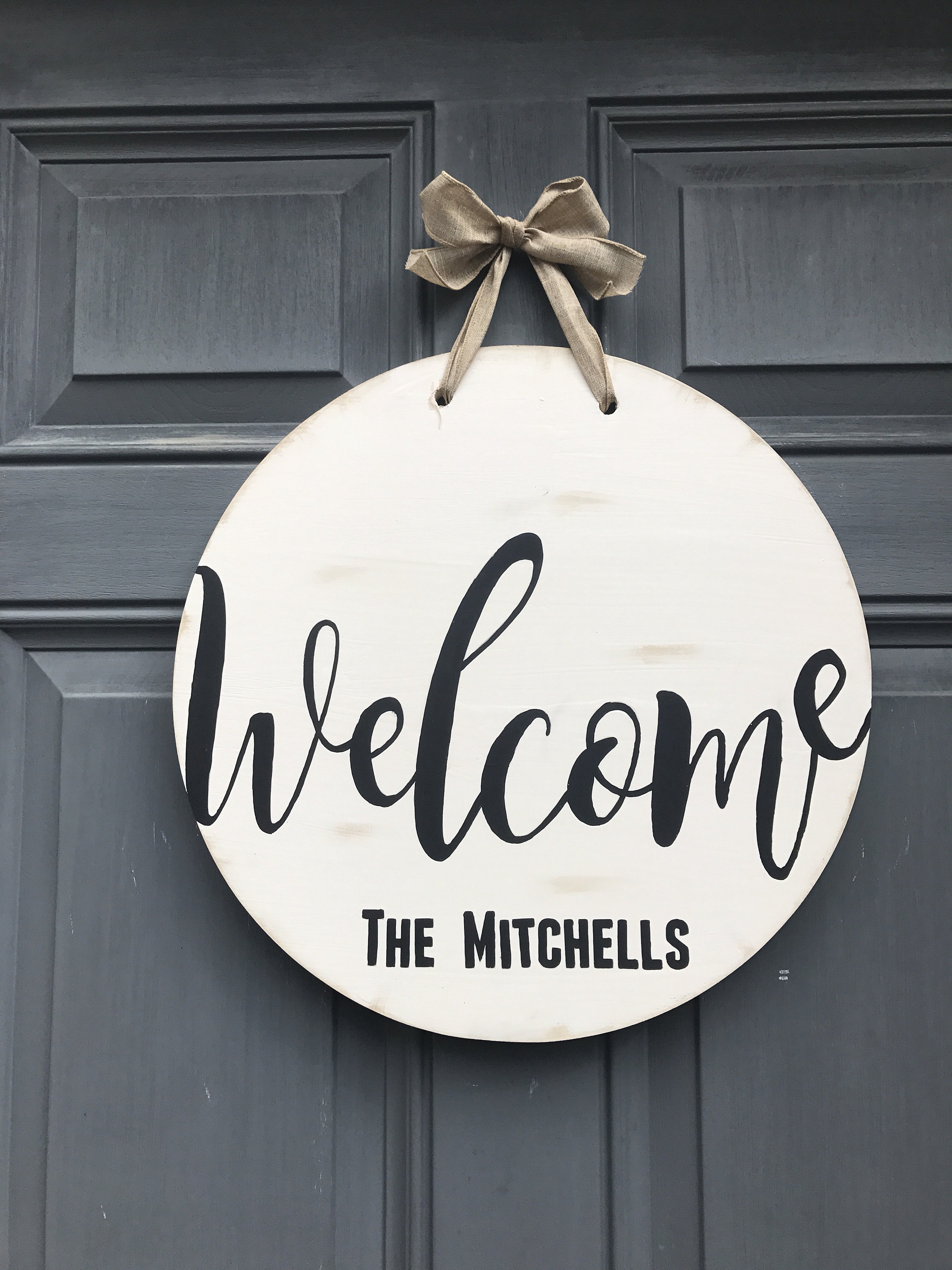 Welcome Wood Door Hanger Front Door Decor Round Hanging Etsy