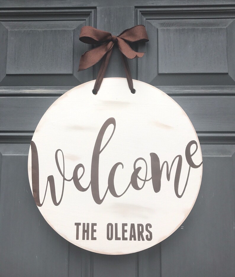 Front Door Welcome Decor Round Hanging Brown Sign Etsy