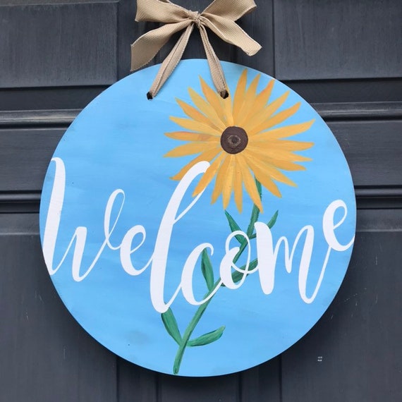 Welcome Spring Door Sign Sunflower Blue Round Door Decor Etsy