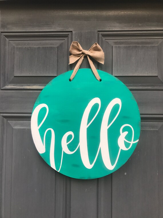 Hello Door Hanger Front Door Teal Porch Decor Welcome Round Etsy