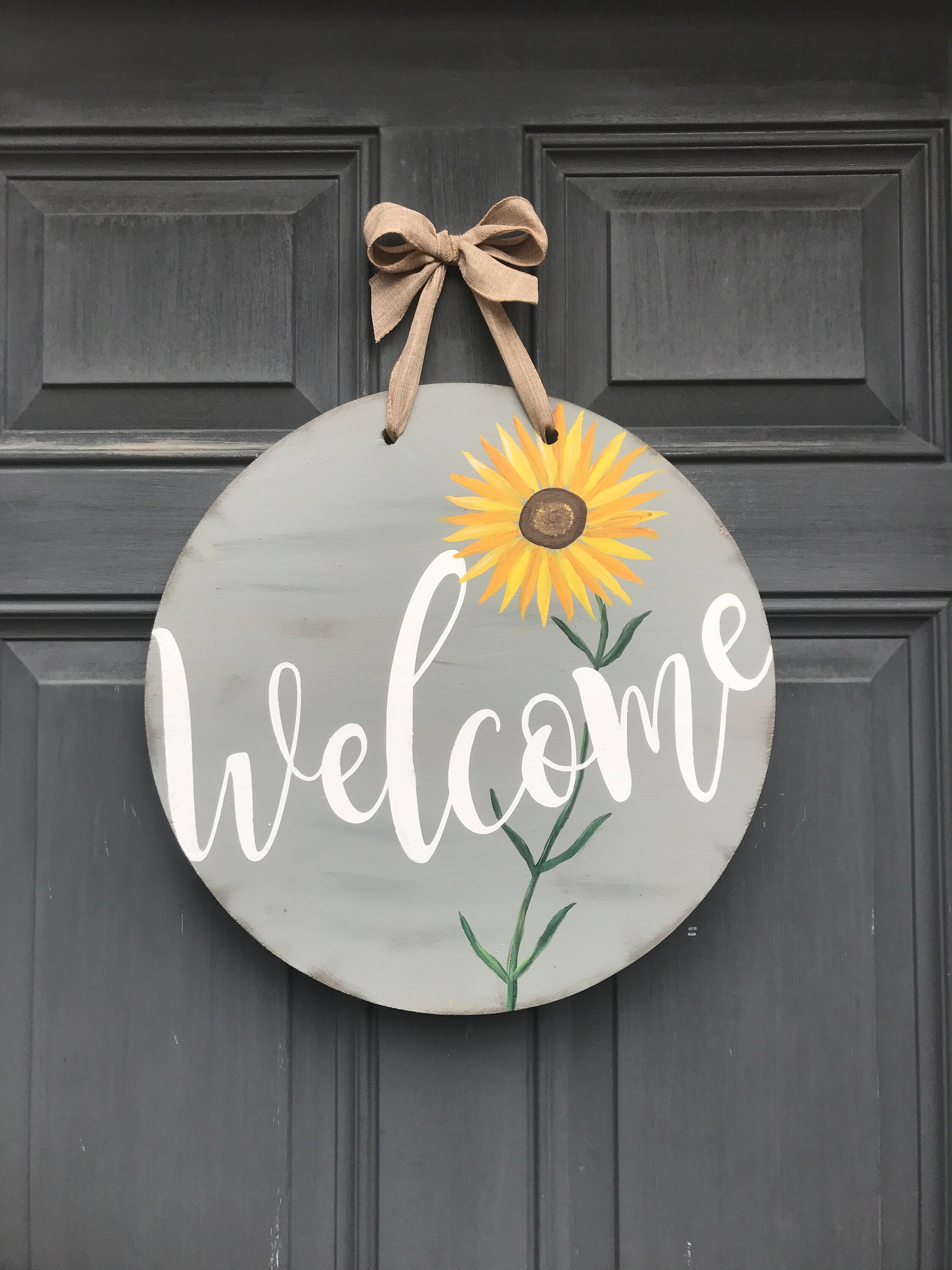 Spring Flower Door Sign Sunflower Blue Round Front Etsy