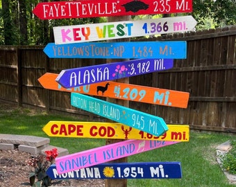 SET OF 10 directional wood arrow signs, custom mile marker stake signs, personalized destination arrows, outdoor wood location sign