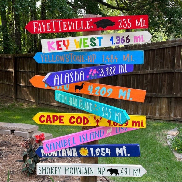 SET OF 10 directional wood arrow signs, custom mile marker stake signs, personalized destination arrows, outdoor wood location sign