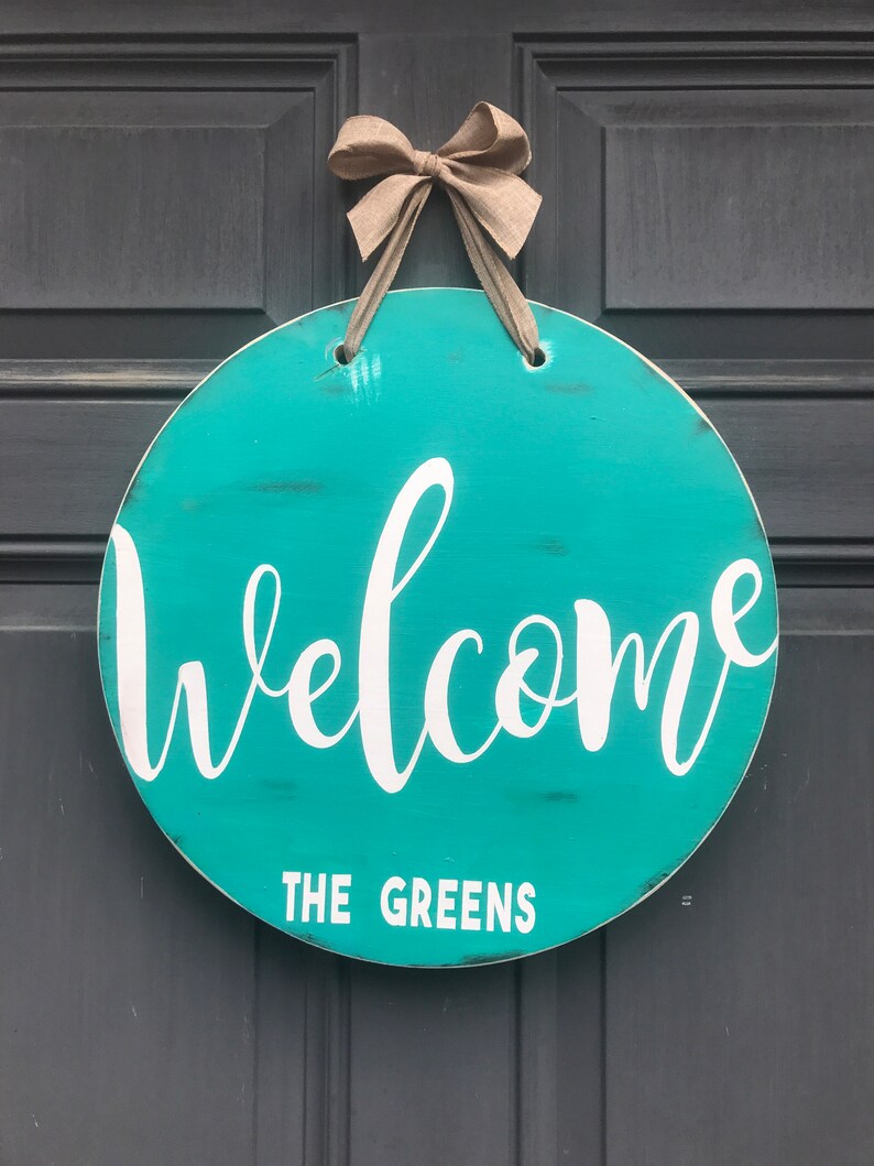 Front Door Green Welcome Hanger Personalized Last Name Round Etsy