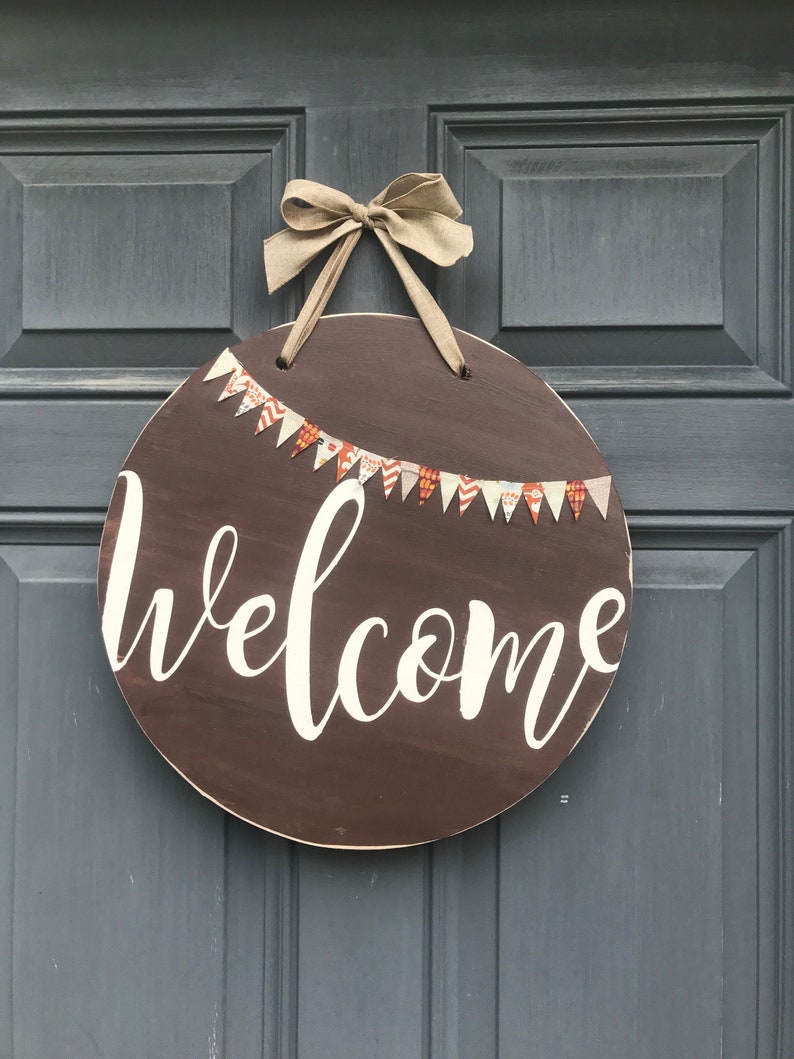 Front Door Hanging Sign Brown Round Door Decor Welcome Etsy