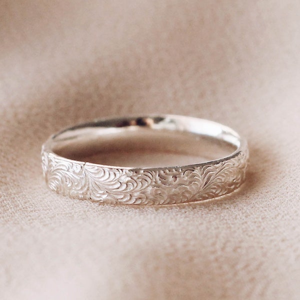 R1338 - Sterling Silver Motif Swirl Pattern Ring Band, Patter Silver Ring