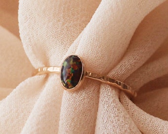 Kyocera Black Opal Oval Ring, Opal Stone Ring, Lab Grown, 14K Gold Filled - R1356