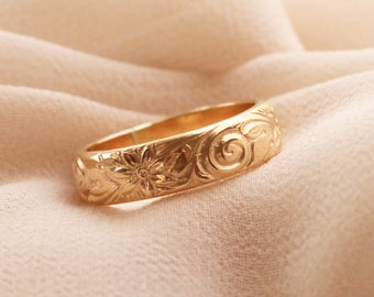 Flower Swirl Pattern Ring, Pattern Ring, Wide Band, Thick Band, 14K Gold Filled R1354