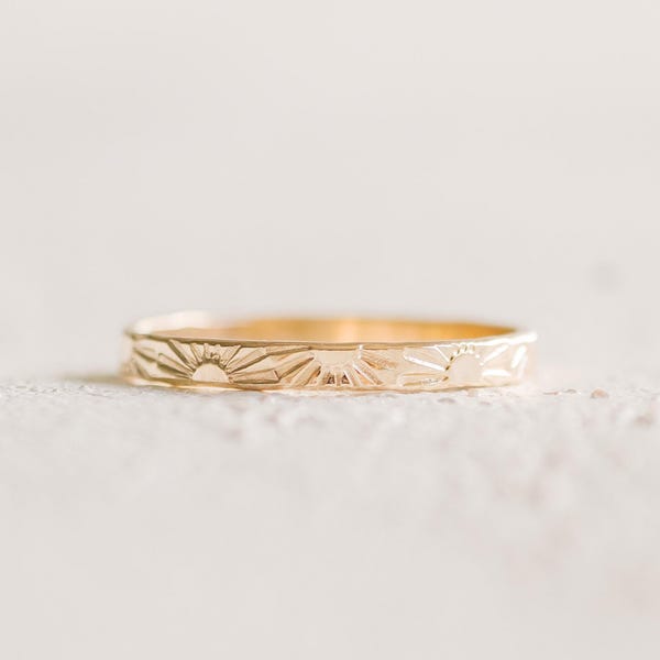 Hand Stamped Sunshine Ring, 14K Gold Filled Stacking Band, You Are My Sunshine Gift, Dainty Sun Ring, Gift for Her, Minimalist Gold Ring