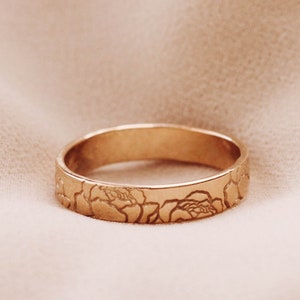 Peony Flower Hand Stamped Ring 4mm Wide 14K Gold Filled R1344