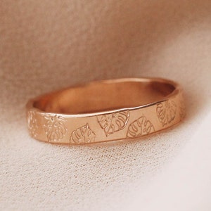 Small Monstera Hand Stamped Pattern Ring, Plant Ring, 14K Gold Filled R1329