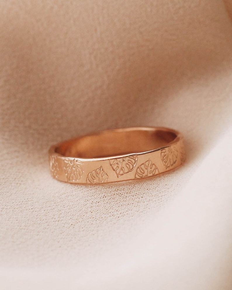 Small Monstera Hand Stamped Pattern Ring, Plant Ring, 14K Gold Filled R1329 image 1