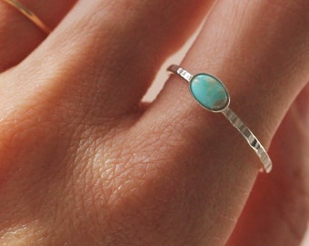 Turquoise Oval Stone, Sterling Silver Stone Ring, Textured Stacking Ring