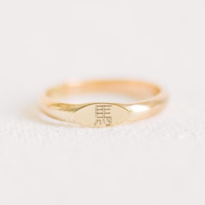 以下が含まれることがあります： 楕円形の顔を持つゴールドカラーのリング。リングの表面には、漢字が刻まれています。リングは柔らかい白い背景に配置されています。