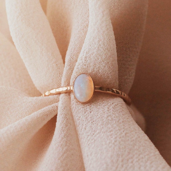 Opal Dainty Ring, Natural Opal Oval Cabochon Ring, 14K Gold Filled Band, 6x4mm R1359