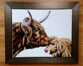 Highland cow 'Mootherly Love' giclee print of original painting, made in Scotland by Scottish artist. Unique present, mother and baby love!