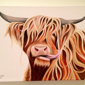 Highland Cow Moo acrylic painting Giclee print of 'Jen Moo'. Made in Scotland by Scottish artist. Unique Christmas or birthday present image 2