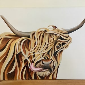 Highland cow greeting card &#39;Squidgy Moo&#39; blank A6 greeting card. Cool, funky, Scottish greeting card! Scotland souvenir by Scottish artist