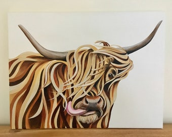 Highland cow greeting card 'Squidgy Moo' blank A6 greeting card. Cool, funky, Scottish greeting card! Scotland souvenir by Scottish artist