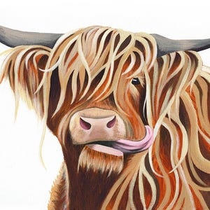 Highland Cow Moo acrylic painting Giclee print of 'Jen Moo'. Made in Scotland by Scottish artist. Unique Christmas or birthday present image 1