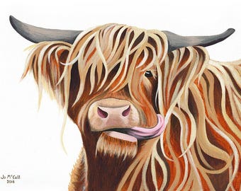Pintura acrílica Highland Cow Moo Impresión giclée de 'Jen Moo'. Realizada en Escocia por un artista escocés. ¡Regalo único de Navidad o cumpleaños!